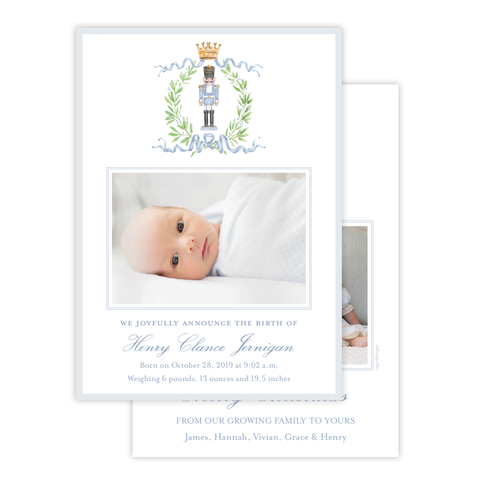 Nutcracker Royal Wreath Blue Birth Announcement Christmas Card