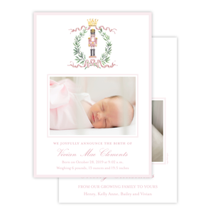 Nutcracker Royal Wreath Pink Birth Announcement Christmas Card
