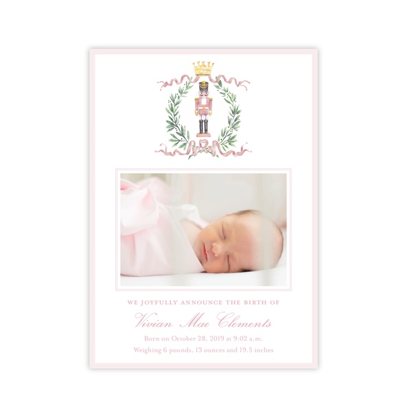 Nutcracker Royal Wreath Pink Birth Announcement Christmas Card