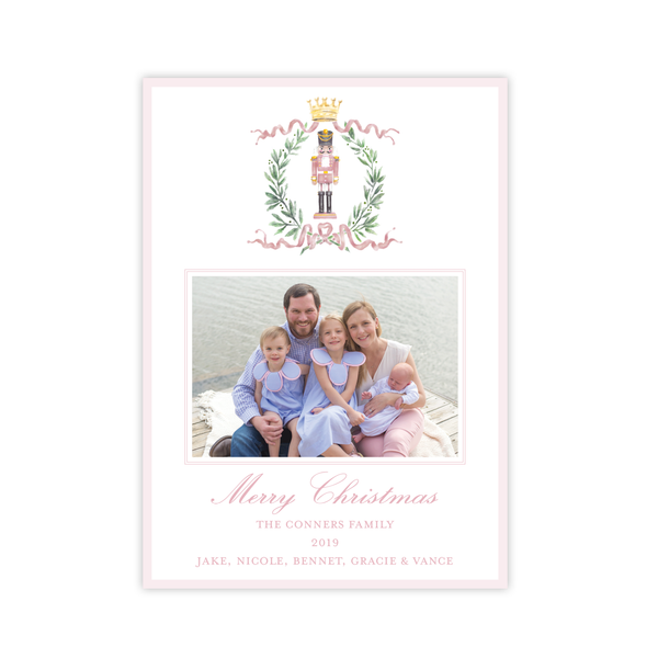 Nutcracker Royal Wreath Pink Vertical Christmas Card