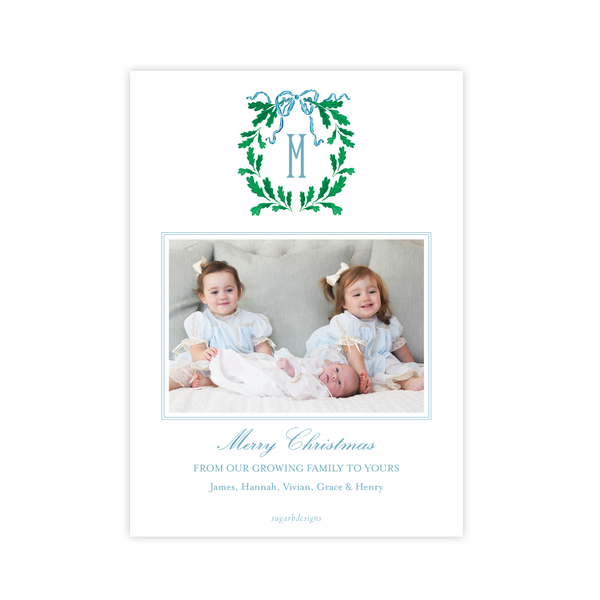 Oak Wreath Blue Christmas Card Birth Announcement