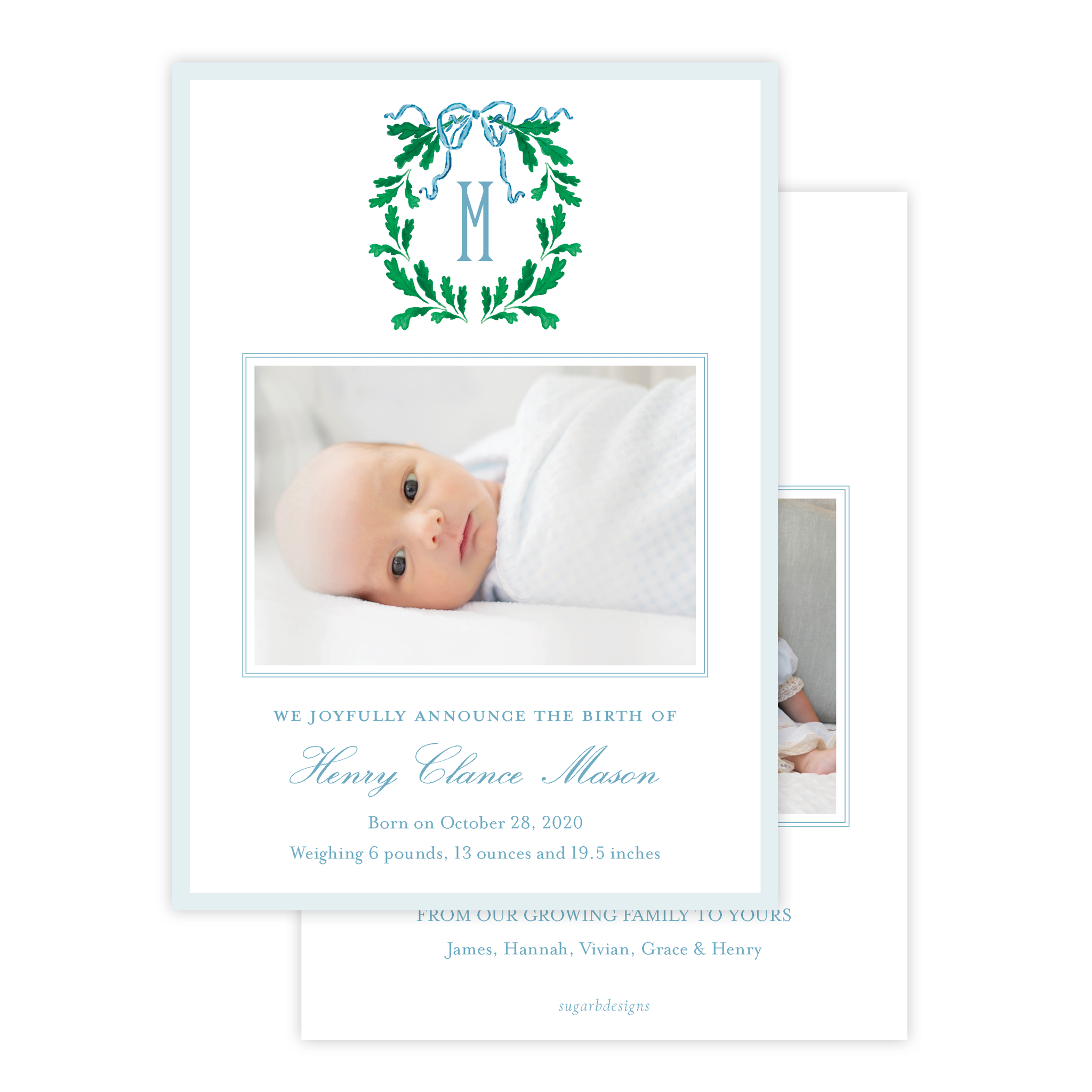 Oak Wreath Blue Christmas Card Birth Announcement