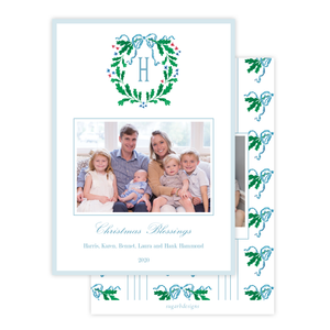 Oak Wreath Blue and Red Christmas Card Portrait