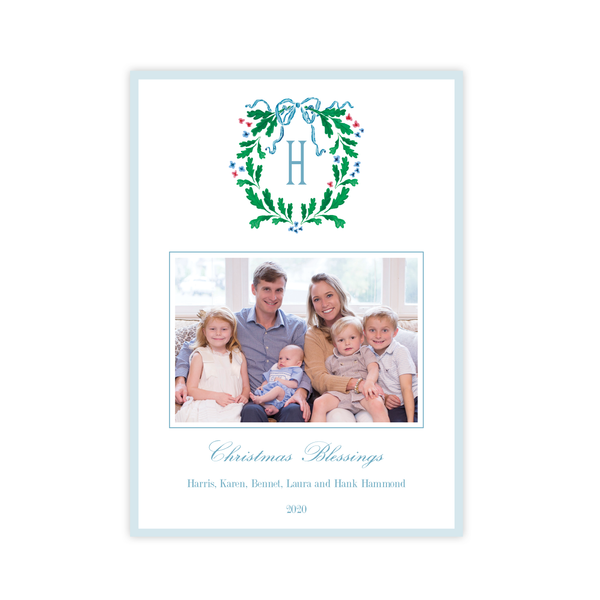 Oak Wreath Blue and Red Christmas Card Portrait