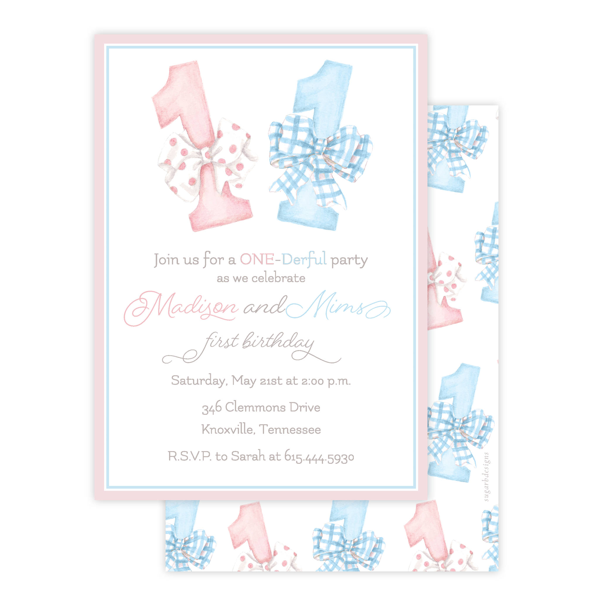 One-Derful Pink and Blue Twins Birthday Invitation