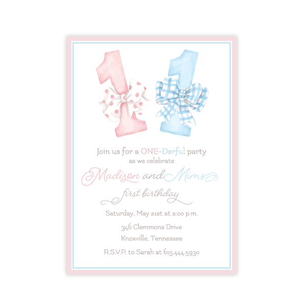 One-Derful Pink and Blue Twins Birthday Invitation