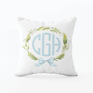 Petite Wreath Blue Bow Monogram Pillow