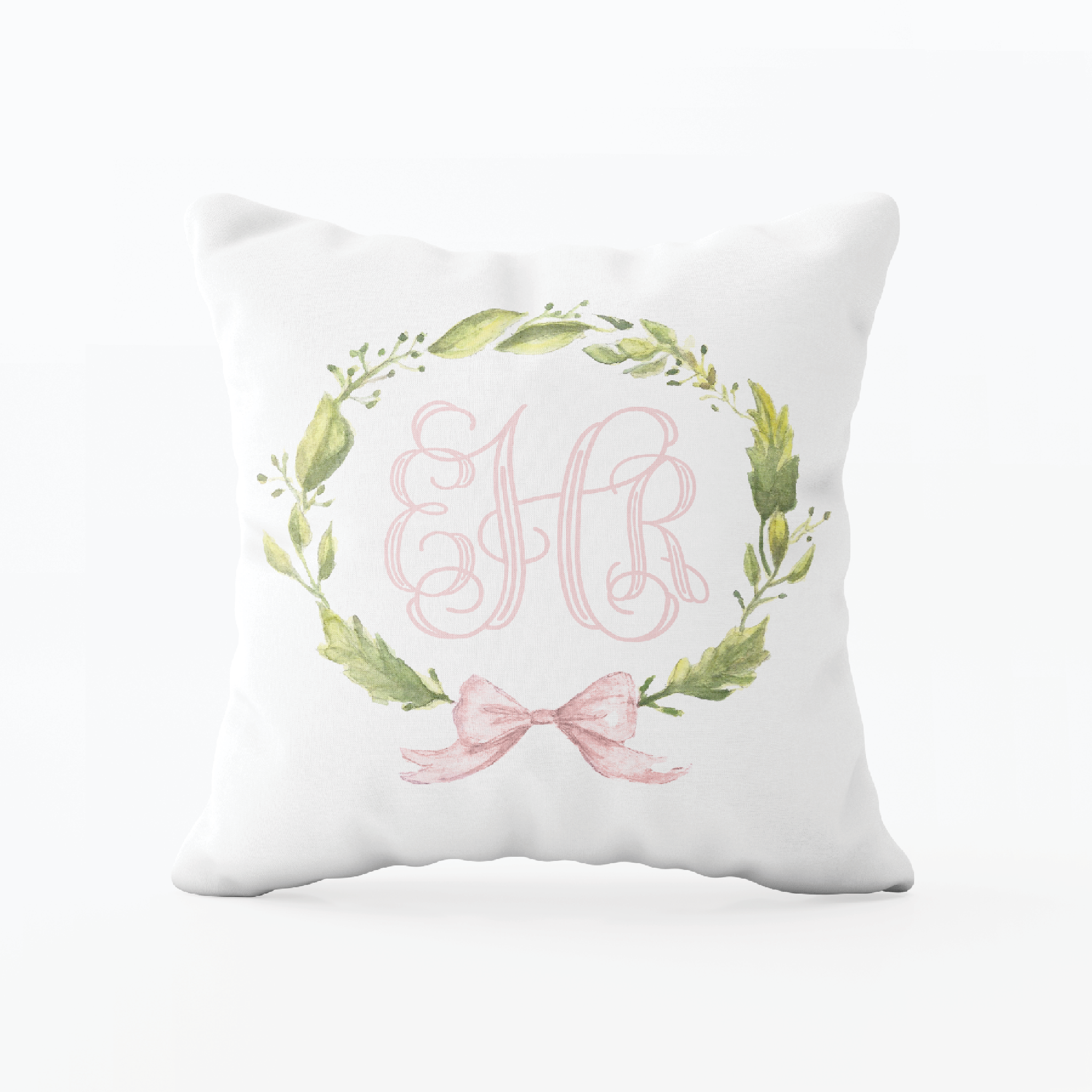 Petite Wreath Pink Bow Monogram Pillow
