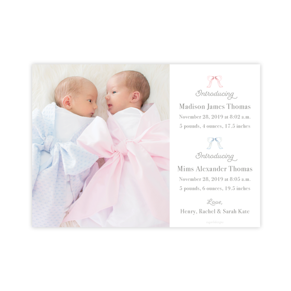 Pram Twins Pink and Blue Landscape Birth Announcement