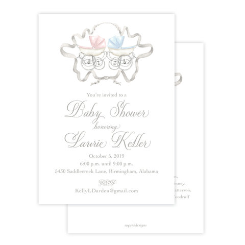 Pram Blue and Pink Twins Baby Shower Invitation