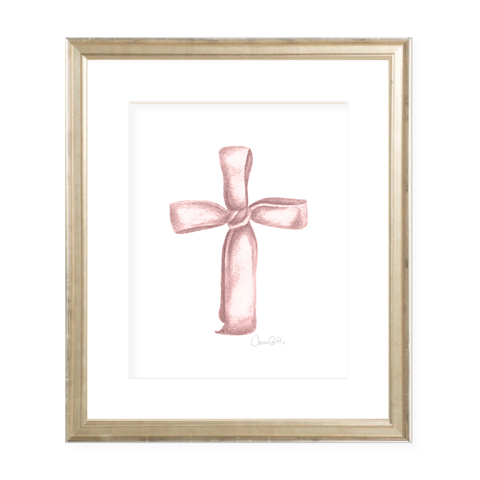 Ribbon Cross in Pink Watercolor Print