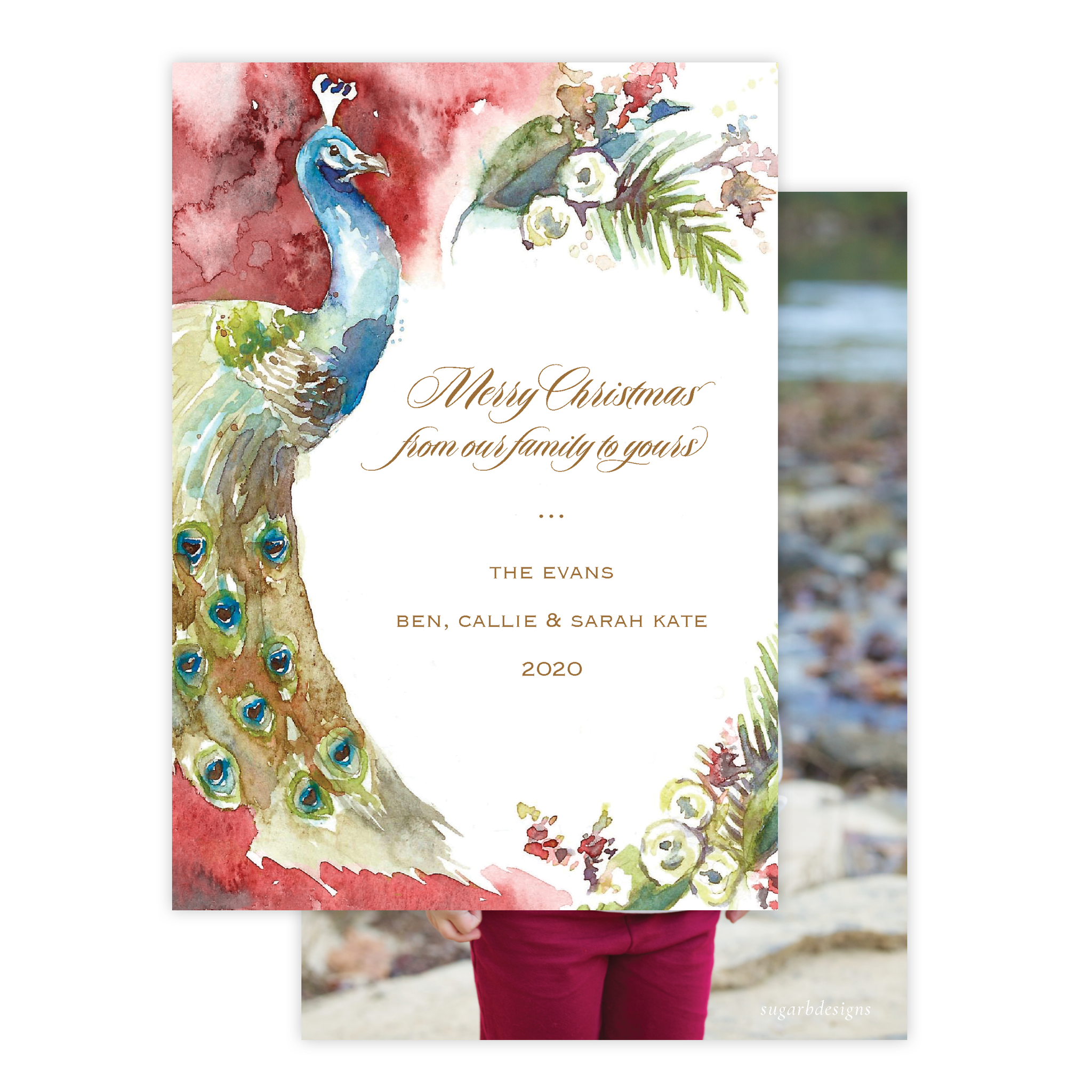 Roberson Peacock Full Floral Red Border Christmas Card