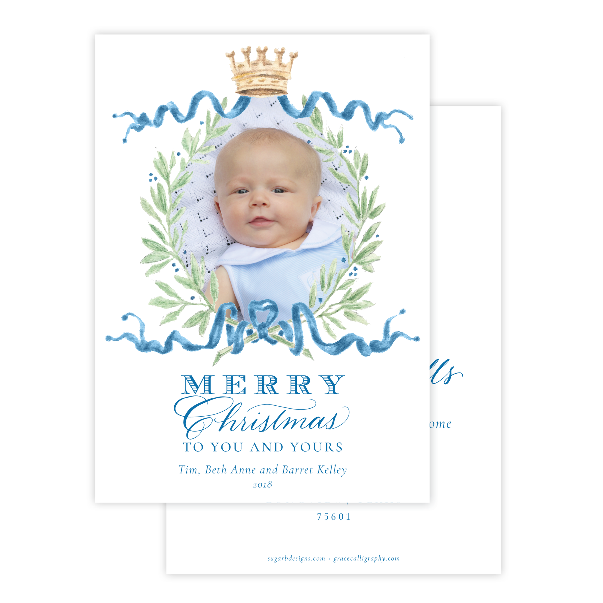 Royal Wreath Blue Change of Address Christmas Card