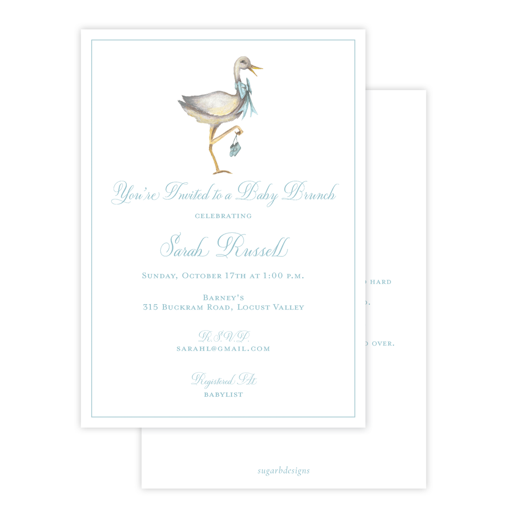 Stork Wearing Blue Bow Baby Shower Invitation – Sugar B Designs