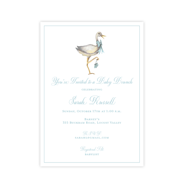 Stork Wearing Blue Bow Baby Shower Invitation