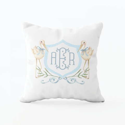 Sebastian Stork Blue Crest Monogram Pillow