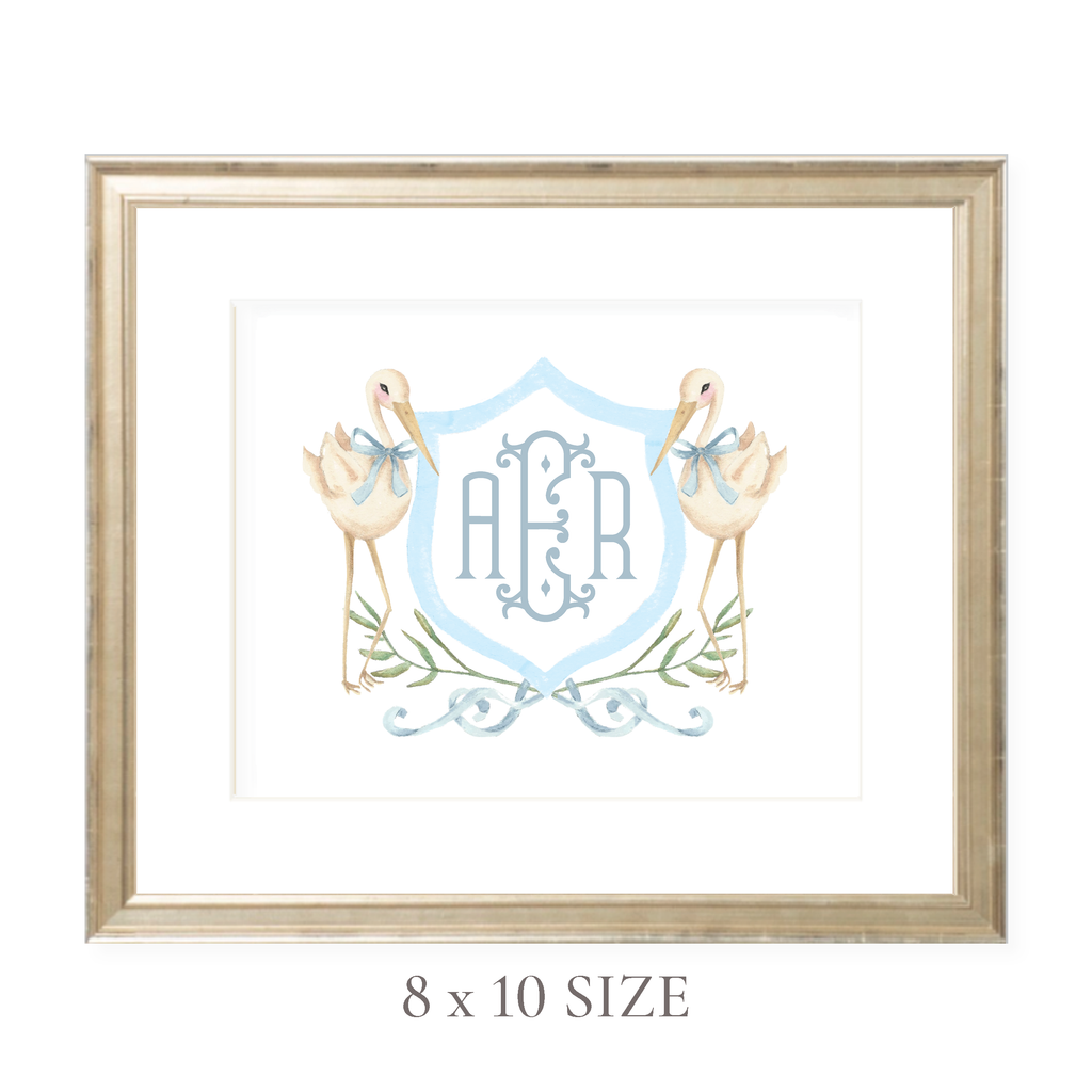 Sebastian Stork Blue Crest Monogram 8 x 10 Landscape Watercolor Print