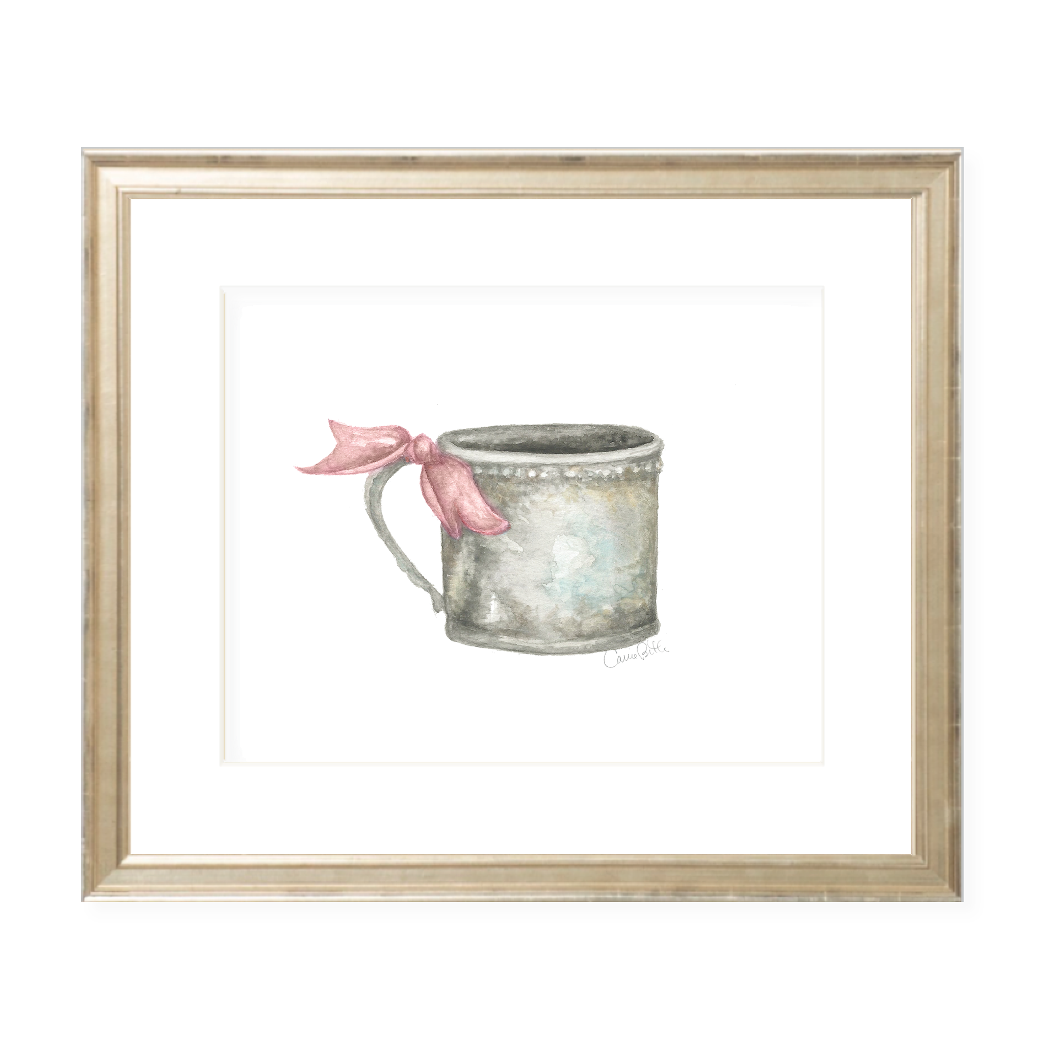 Silver Cup with Pink Ribbon Landscape Watercolor Print
