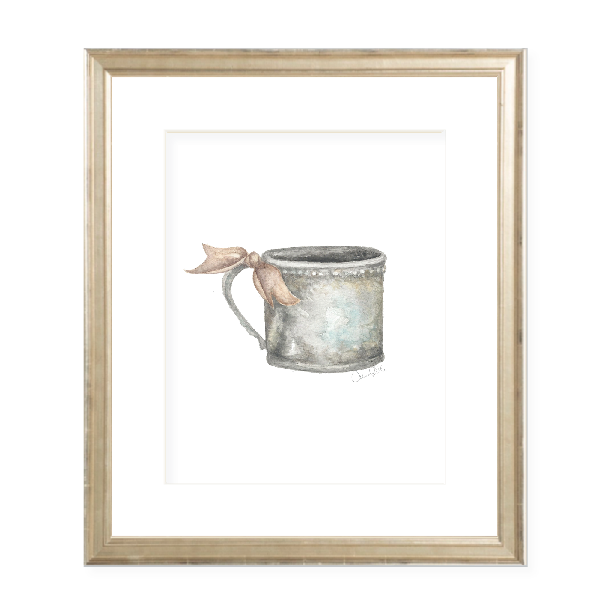 Silver Cup with Neutral Ribbon Portrait Watercolor Print by Sugar B Designs