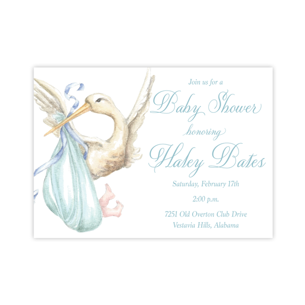 Stanton Stork Blue Baby Shower Invitation