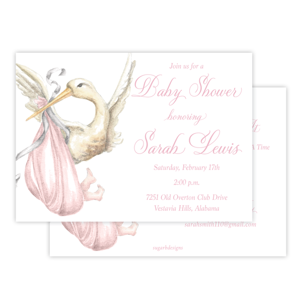 Stanton Stork Pink Baby Shower Invitation