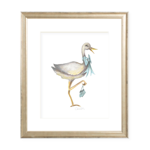 Stork Wearing Blue Bow Watercolor Print