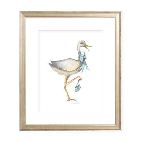 Stork Wearing Blue Bow Watercolor Print