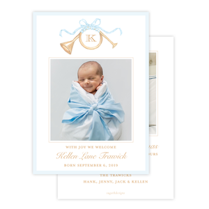 Triumphant Trumpet Blue Bow Birth Announcement Christmas Card