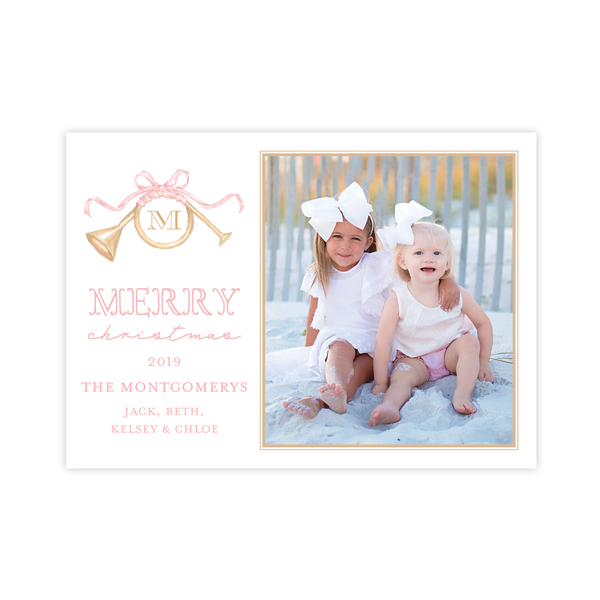 Triumphant Trumpet and Pink Bow Landscape Christmas Card