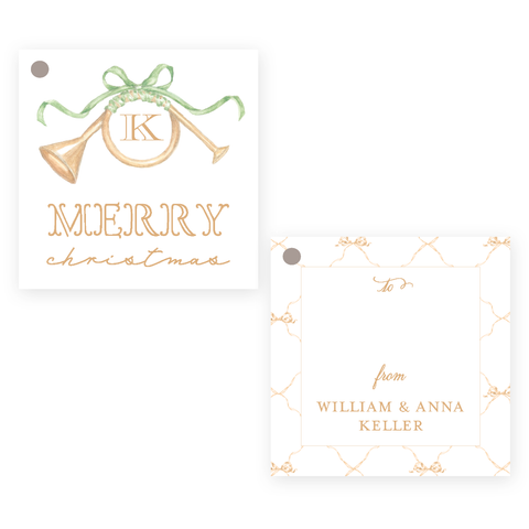 Triumphant Trumpet and Green Bow Square Christmas Gift Tag