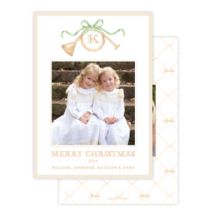 Triumphant Trumpet and Green Bow Portrait Christmas Card