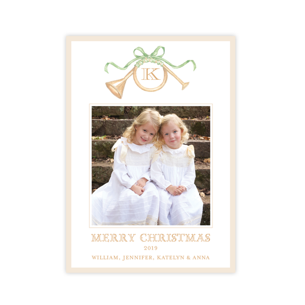 Triumphant Trumpet and Green Bow Portrait Christmas Card