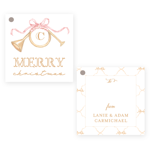 Triumphant Trumpet and Pink Bow Square Christmas Gift Tag