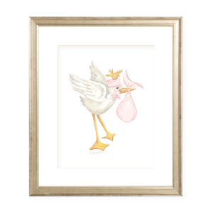 Vintage Pink Stork and Birdie Watercolor Print