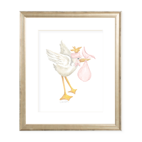 Vintage Pink Stork and Birdie Watercolor Print